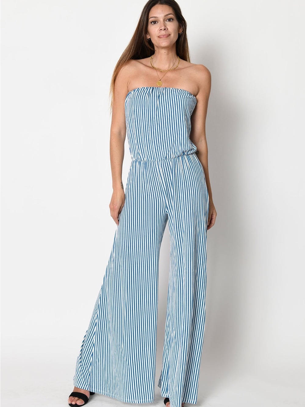 Tart Blue and White Striped Strapless Jumpsuit